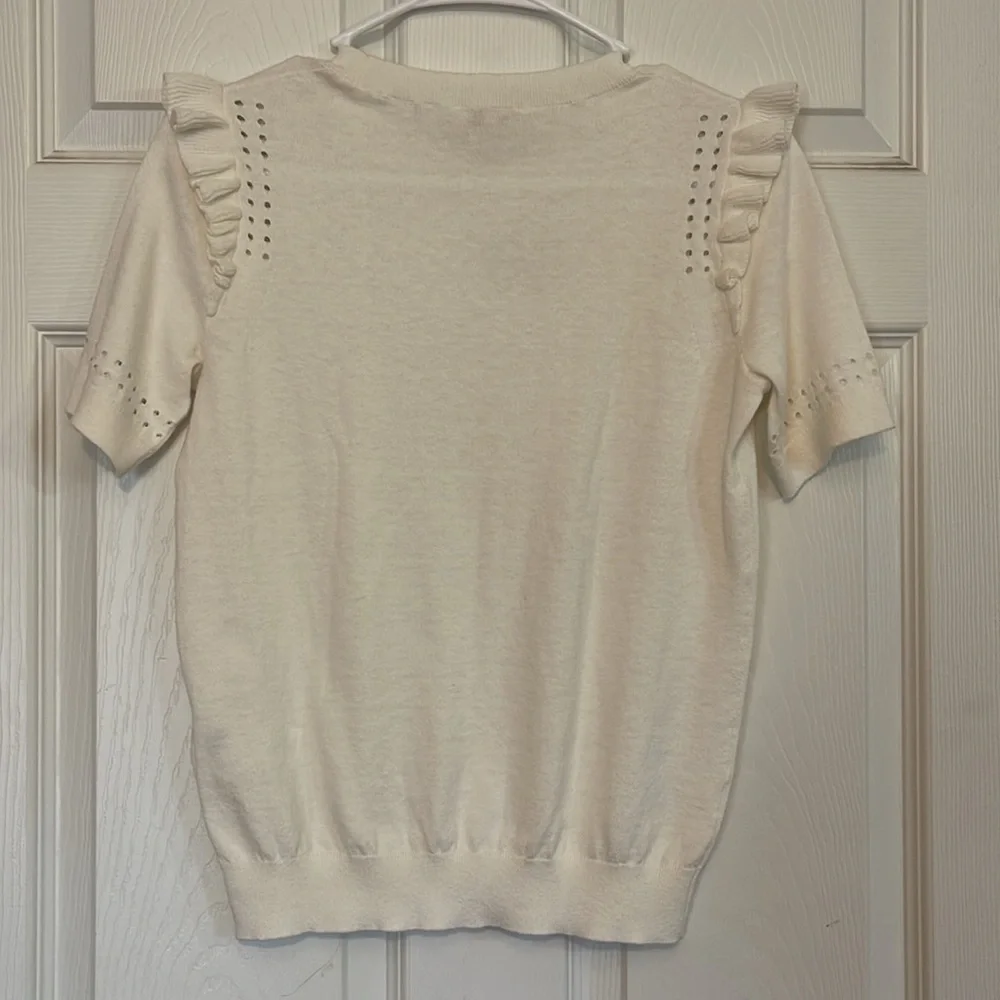 Kate Spade Pointele Cashmere Blend Ruffle Short Sleeve Sweater Top